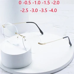 Ultralight Frameless Polygon  Blue Light Blocking Myopia Glasses Finished Women Oversized Diopter Eyeglasses 0 -0.5 -1.0 To -4.0