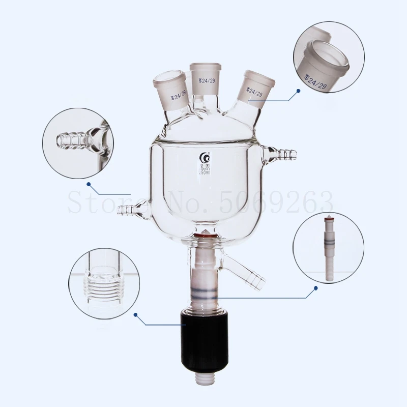 PTFE 플런저 밸브가 있는 재킷 반응 병, 방출 이중 층 반응기 플라스크, 4 입 반응 주전자