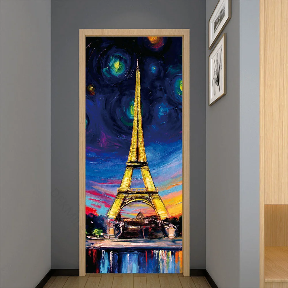 Vintage Oil Painting Wallpaper Apartment Renovation Self Adhesive Vinyl Paper For Doors Stickers For Wooden Door City Night View