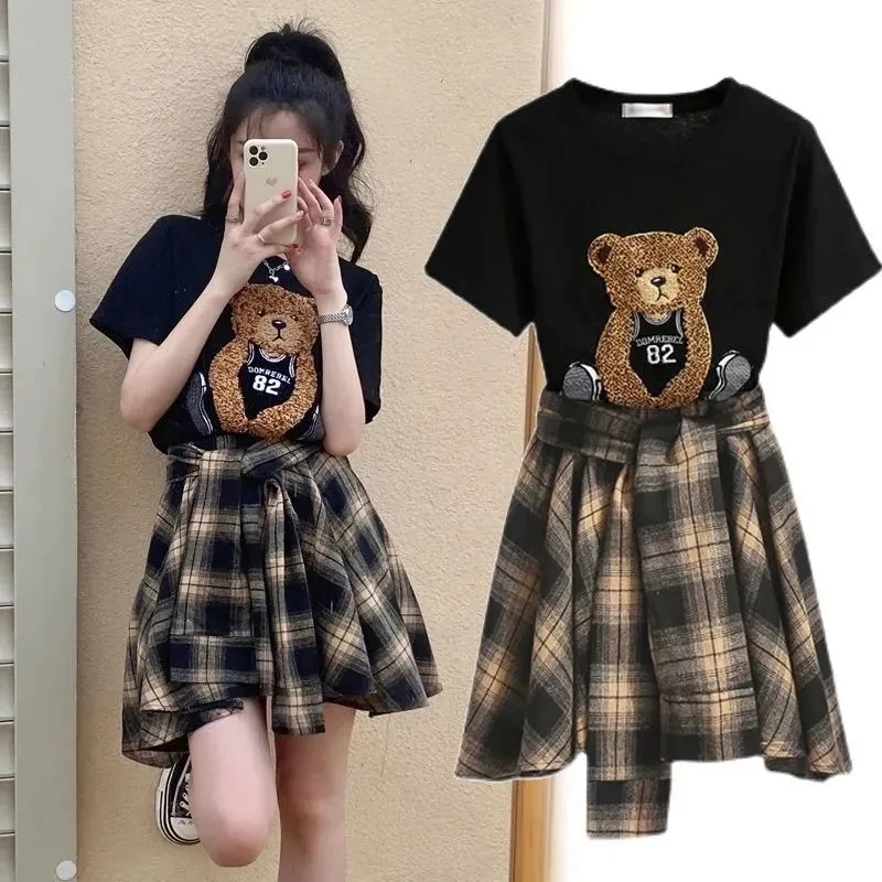 Summer Women's Skirt And Top Set Bear Cartoon Black Short Sleeve T-Shirt Plaid Skirt Suit Fashion Loose Aesthetic