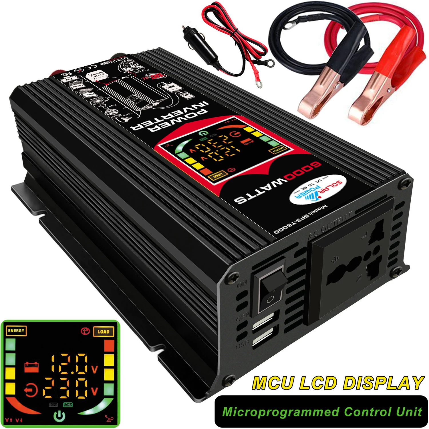 2 Colors Inverter DC12V to AC110V High Frequency 6000W Converter Car Power Charger Inverter with 2.1A Dual USB Port Battery Clip