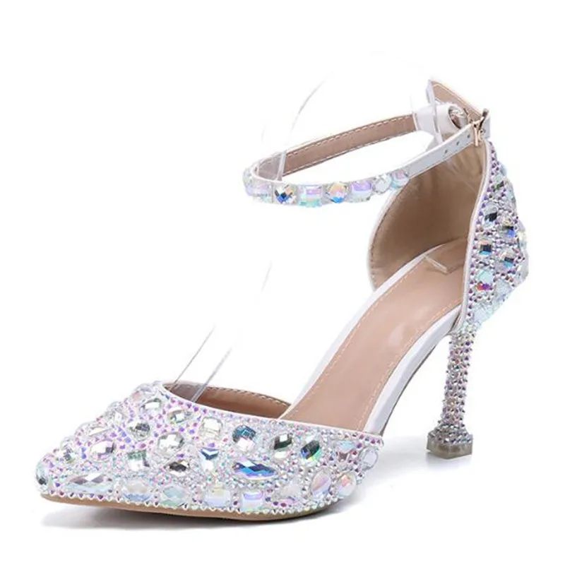 Thin High Heels Shoes Women Pumps Women Sequined Cloth Buckle Strap Pointed Toe Dress Office & Career Party Wedding Rhinestones