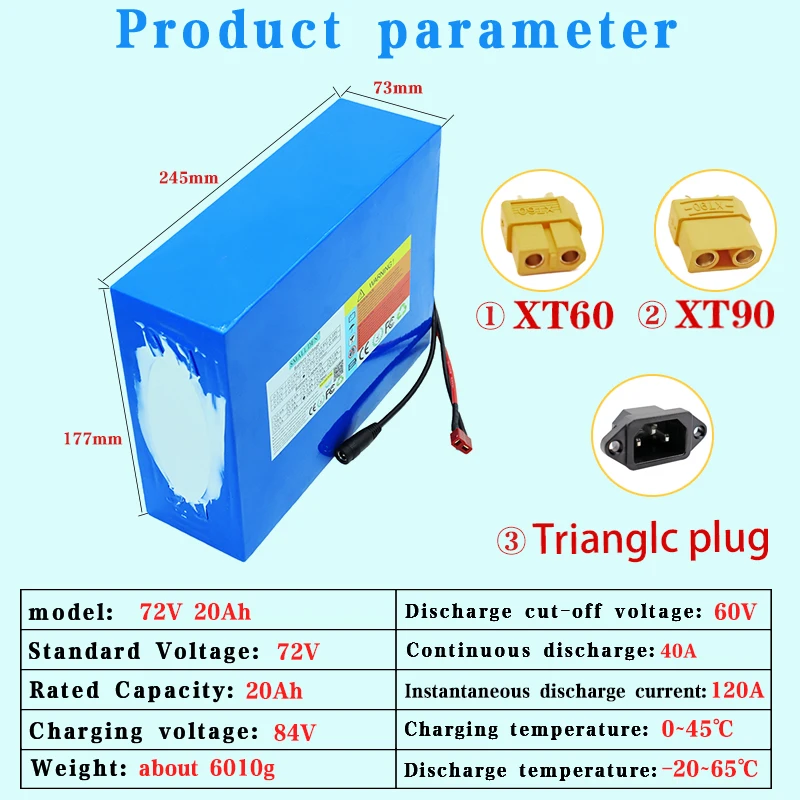 New 72V 20Ah 21700 lithium battery pack 20S4P with built-in independent BMS suitable for 3000W high-power motor+5A charger