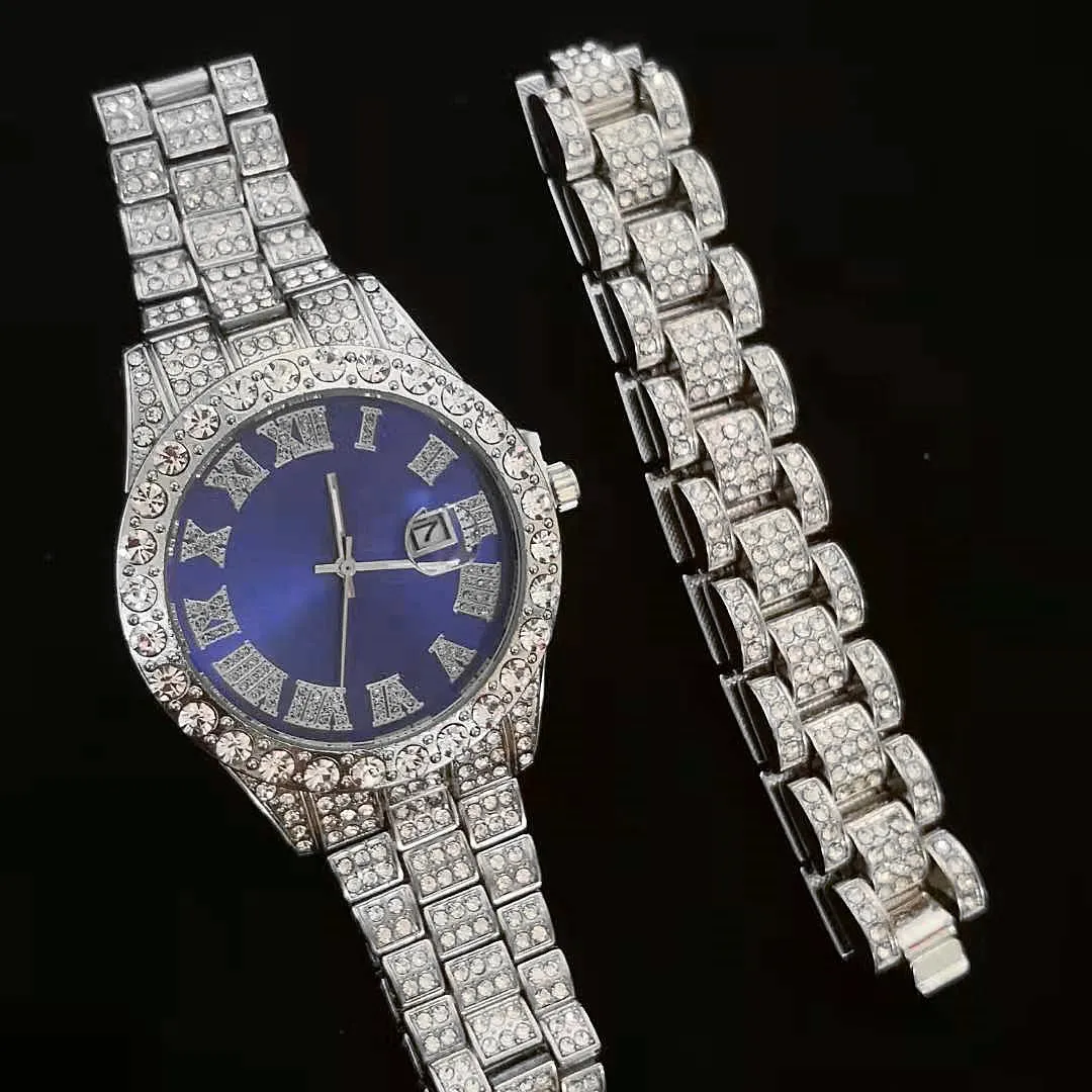 Bracelet Watch for Men Full Iced Out Luxury Quartz Wrist Watch Clock Blue Dail Rhinestone Bling Watch Men Set Religio Masculino