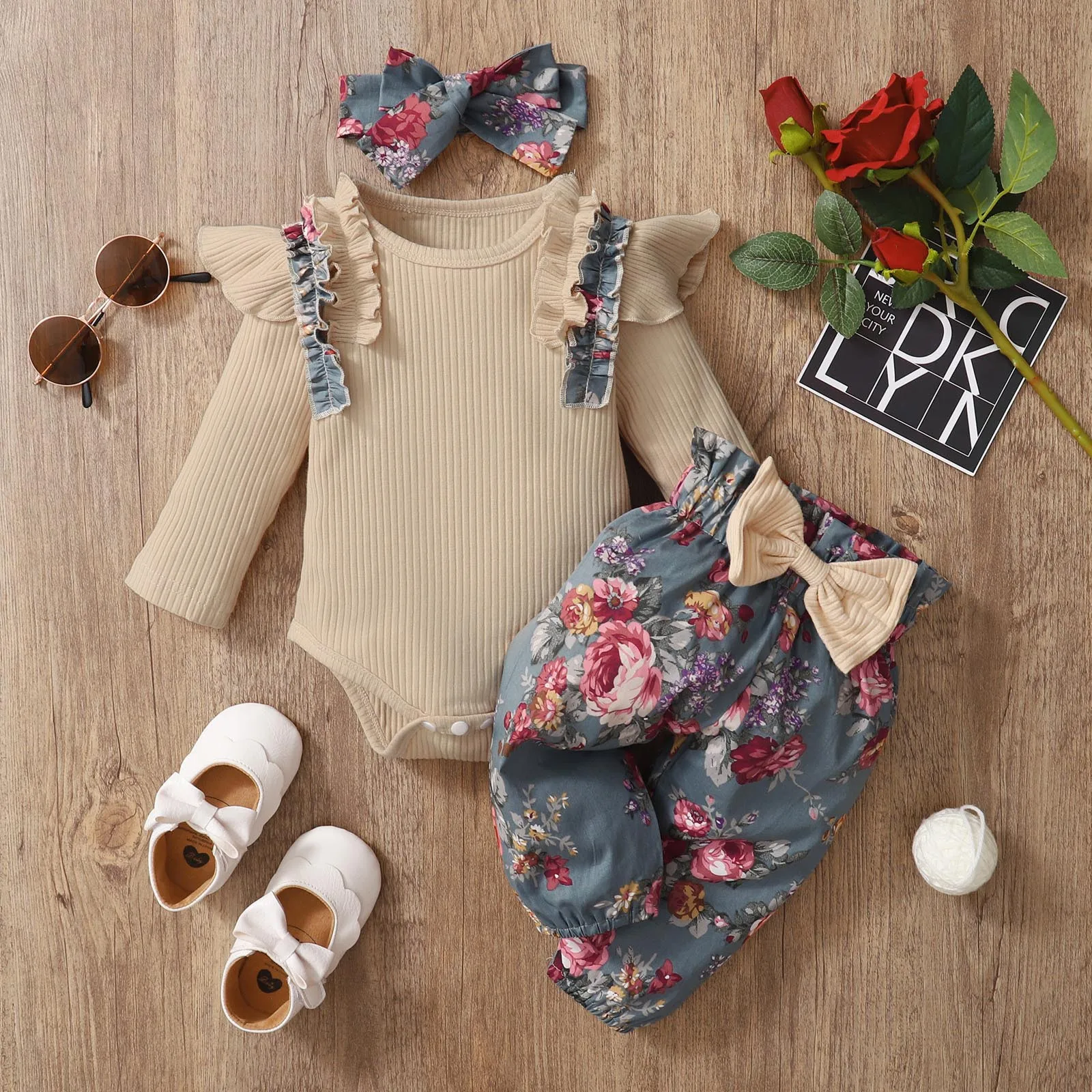 3 pçs do bebê recém-nascido meninas roupas babados com nervuras bodysuit + floral calças conjunto bebê crianças roupas outono menina 6 12 18 24 meses