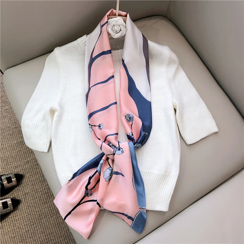 Small Long Satin Silk Scarf For Women Fashion Flowers Print Elegant Neck Tie Scarves Ladies Neckerchief Girls Summer Dress Belt