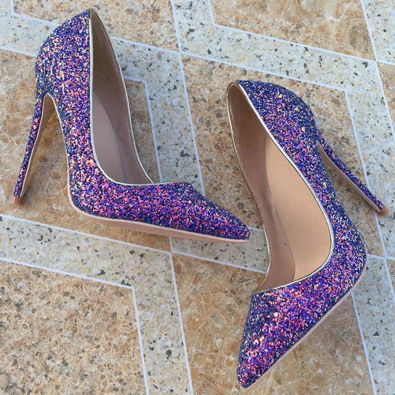 Veowalk Glitter Purple Sequined Women Pointy Toe High Heel Wedding Party Shoes Sparkly 8-12cm Stiletto Pumps Big Size 33-45