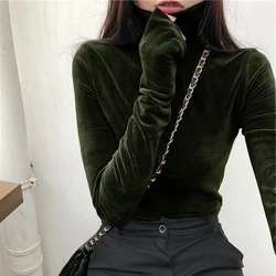 Turtleneck Velvet Tops Women Long Sleeve T Shirts Solid Color 2023 Spring Autumn Velour T-Shirts Women Basic Shirt