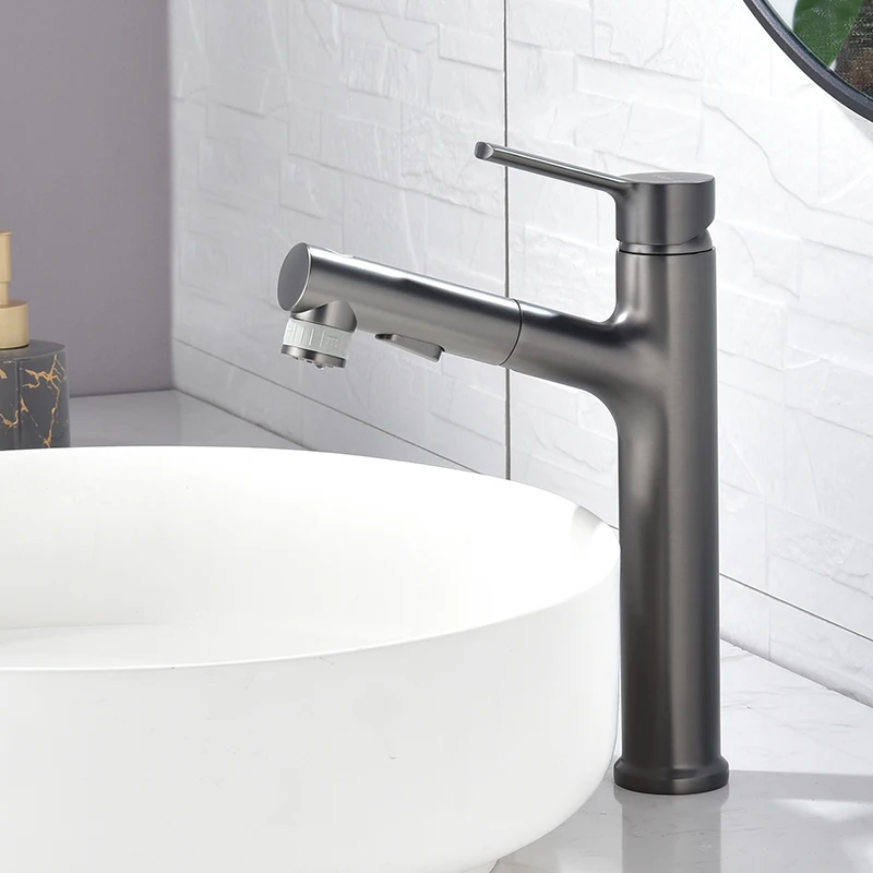 

Pull Out Bathroom Basin Sink Faucet Hot Cold Water Mixer Tap Gray Faucets Countertop Faucet Bathroom Faucet
