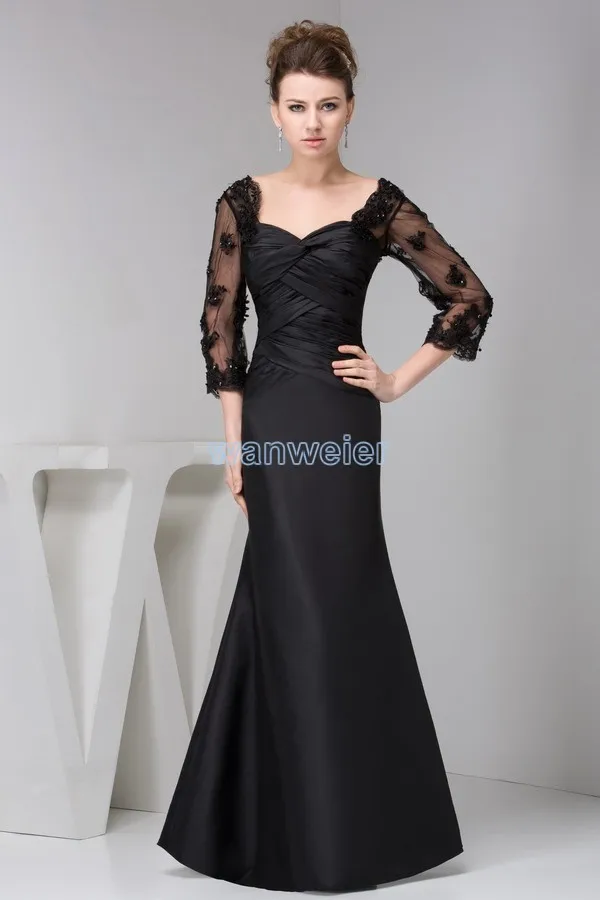 

appliques beading 2016 new design gown mermaid hot sale three quarter sleeve pleat beach black long Mother of the Bride Dresses