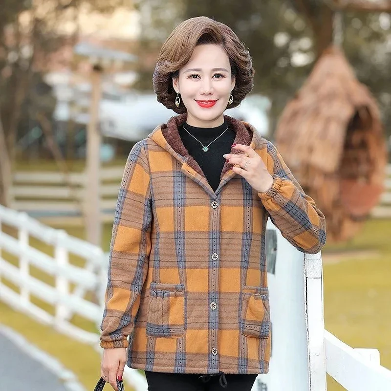 Middle-Aged and Elderly Women's Autumn Winter Fleece Hooded Casual Jacket 40-Year-Old Women's Cotton Outerwear Mother Loose Coat