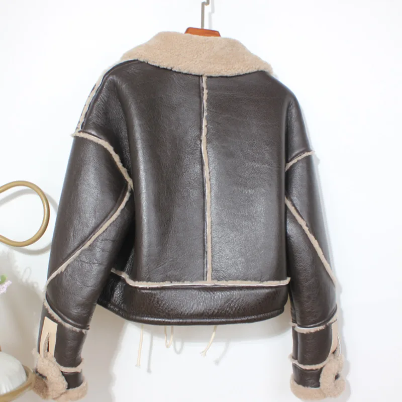 Autumn Winter Leisure PU Leather Short Coats Women Thick Warm Faux Leather Lambswool Leather Jacket Aviator Outerwear Female