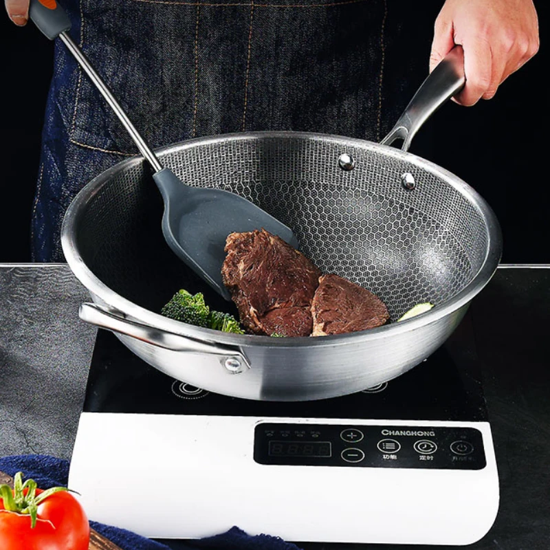 32cm Frying Pan Stainless Steel Wok Nonstick Pan Fried Steak Pot General Purpose Induction Cooker Honeycomb Wok