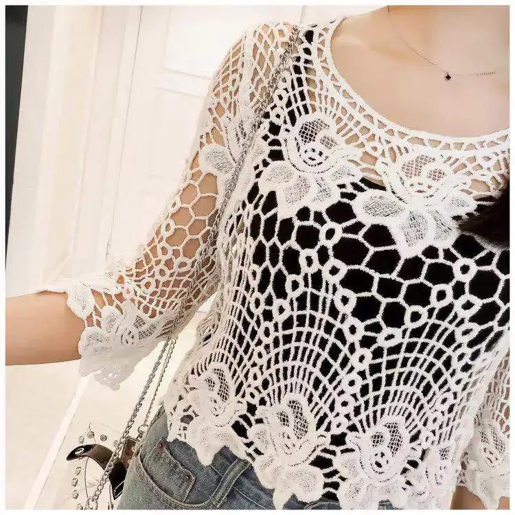 Blouse Women Skirt Shawl Women\'s Pullover Short Summer Knitted Hollow Lace Blusas Ropa De Mujer