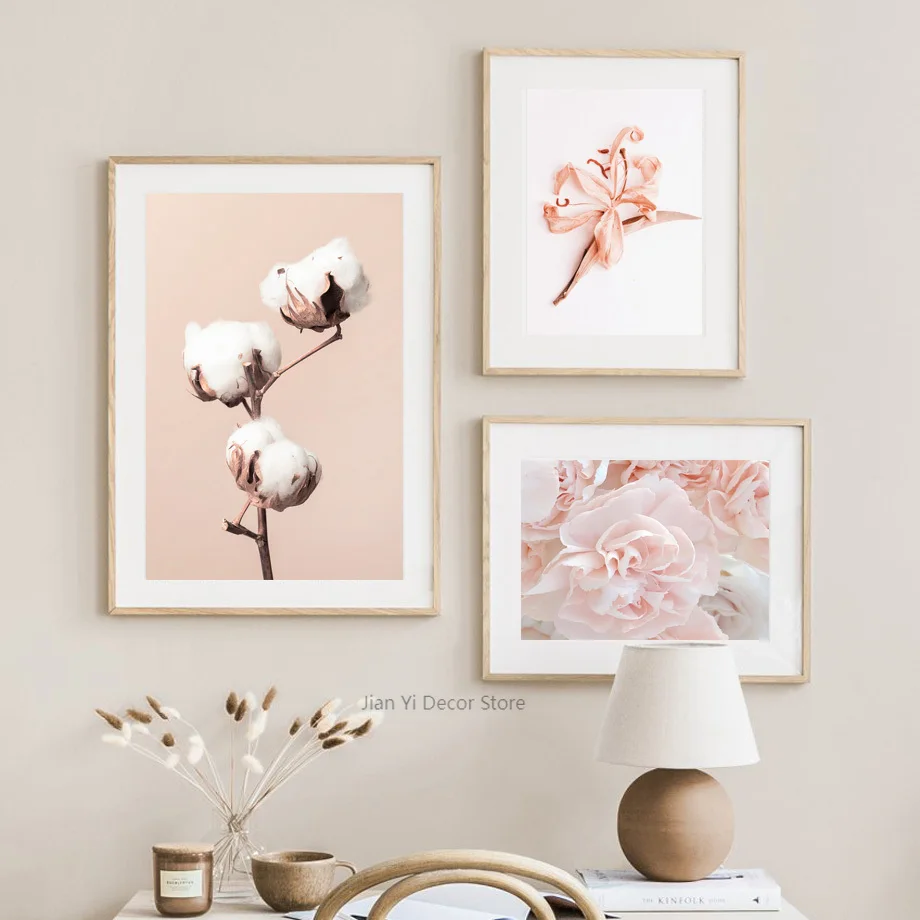 Pink Flowers Canvas Painting Begonia Carnation Pictures Nordic Sea Beach Landscape Wall Art Poster Prints Interior Home Decor