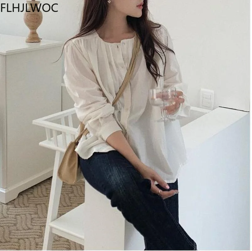 2021 Women Cute Tops Preppy Style Vintage Japaneses Korea Design Single Breasted Button Elegant Formal Shirts Blouses White