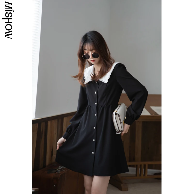 MISHOW 2020 Spring Dresses For Women Large Turn Down Collar Button Up Fashion Long Sleeve Mini Dress Female Vestidos MX21A1649