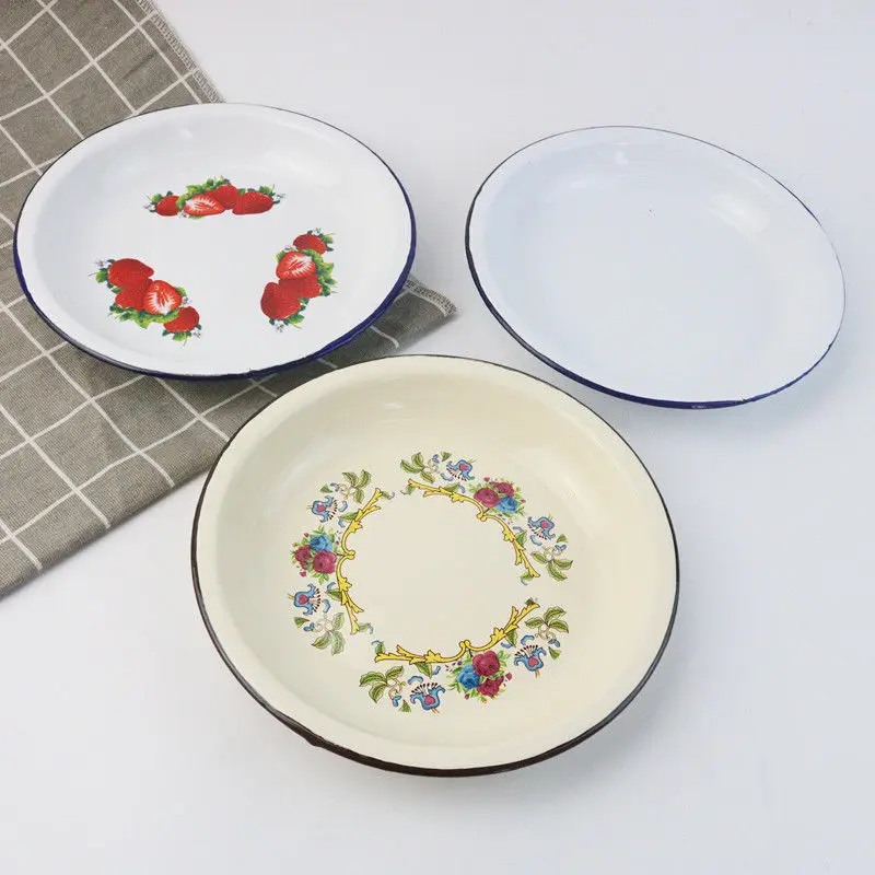 European and American thick enamel plate classic printed dish cold 20/22/24/26 cm large tableware Garden fruit tray durable