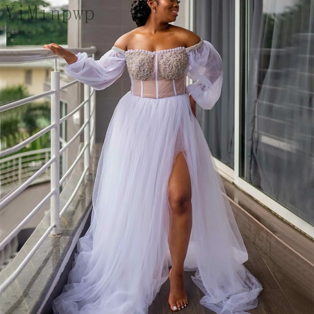 YiMinpwp White Wedding Bride Robes Bridal Shower Dress Off Shoulder Long Sleeve Side Split Beads Illusion Bodice African AliExpress