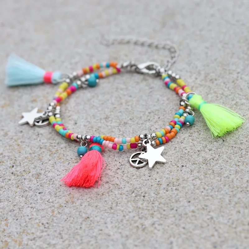 Bohemian Handmade Jewelry Women's Bracelet Multilayer Beaded Star Tassel Pendant Charm Bracelets Girl Cute Accessories