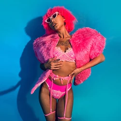 Gogo Ds Dancing Costume Pink Plush Coat Bikini Suit Nightclub Dj Singer Dancer Performance Stage Clothing Rave Outfit VDB3632