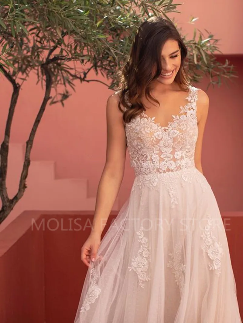 Gaun Pengantin Pantai Elegan Vestidos De Novia 2021 Gaun Pengantin Renda Murah Appliqued Tulle Leher Tipis A-Line Robe De Mariee