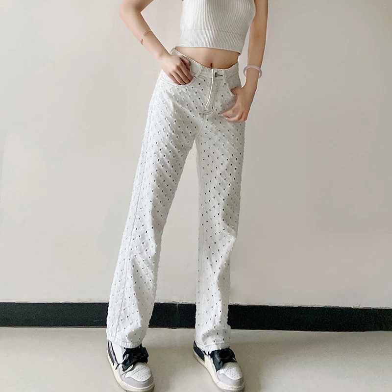 White Ripped Jeans Women 2021 Spring Fashion Polka Dot Hollow Out High Waist Baggy Jeans