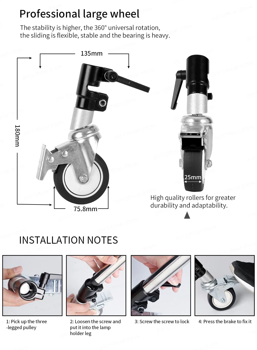 스튜디오 비디오에 적합한 직경 25mm 다리의 라이트 스탠드용 3 팩 회전 캐스터 휠, 내구성있는 금속 구조