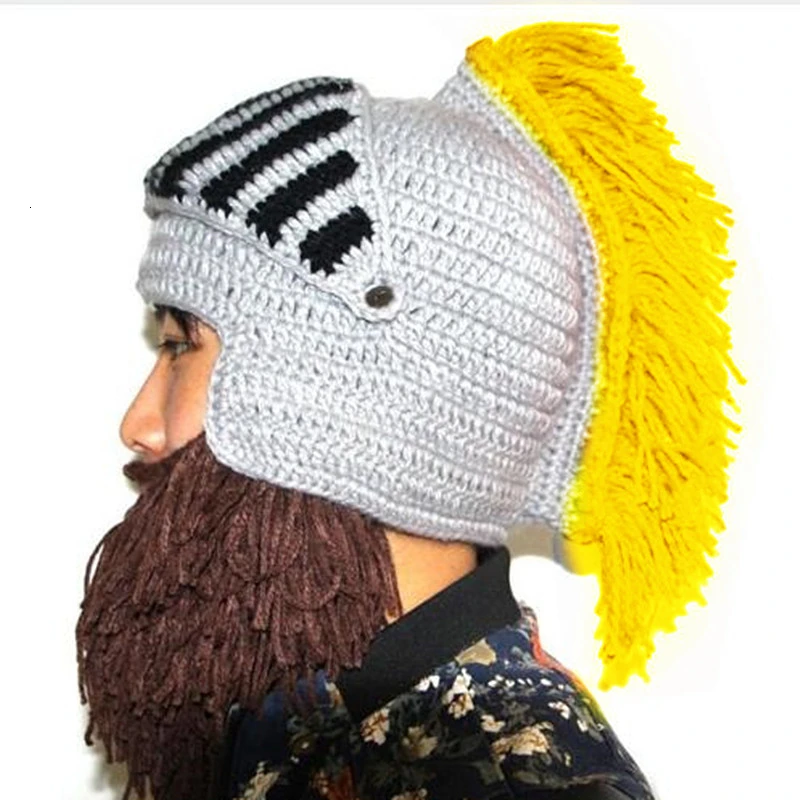 

Red Tassel Cosplay Roman Knight Knit Helmet Men's Caps Original Barbarian Handmade Winter Warm Beard Hats Funny party Beanies