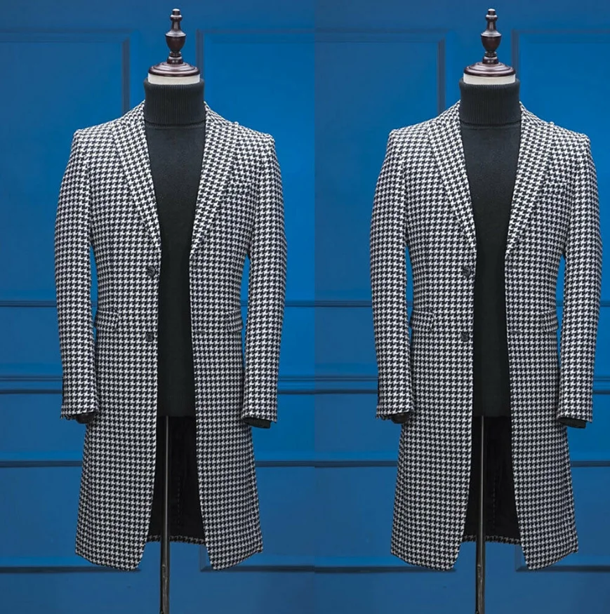 

Black&White Houndstooth Tailored Fit Tweed Long Suit Blazer Tweed Peak Lapel Two Button Tuxedos New