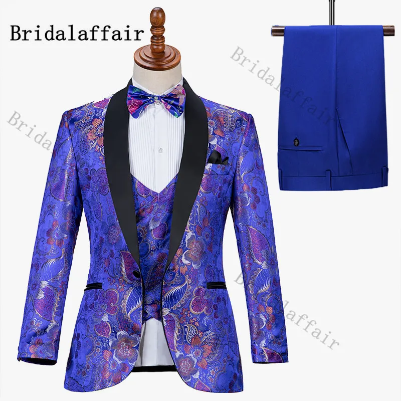 

Bridalaffair Mens Suits Royal Blue Jacquard Floral Print Party Wedding Tuxedo Suit for Men 3pcs Blazer Vest Pant Costume Homme