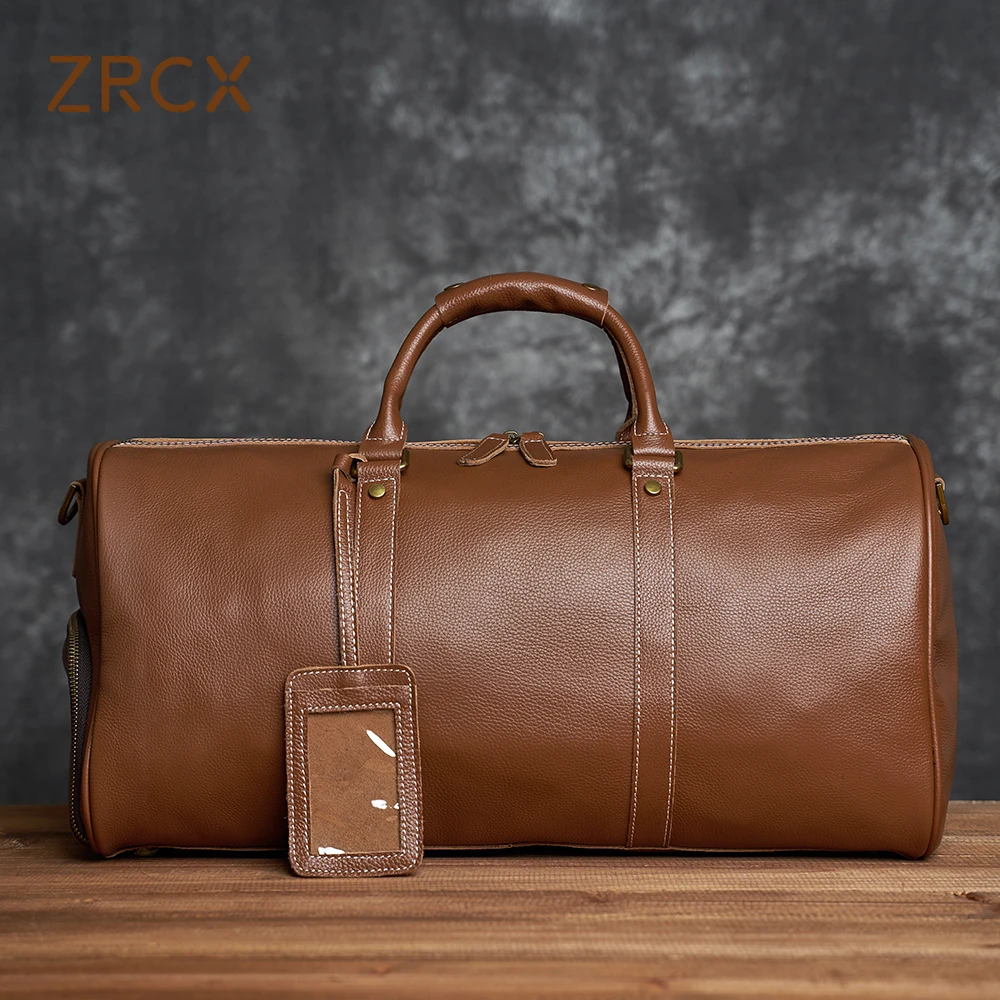 ZRCX Natural Cow Skin Travel Bags  Men\'s Leather Overnight Bags Hand Luggage Men Male Weekend Bag Business Man 50cm