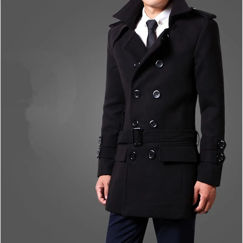 UHYTGF Autumn Winter Solid Trench Coats Men Coat Fashion Double breasted Windbreaker Jacket With Belt Lapel Overcoat Parka 906