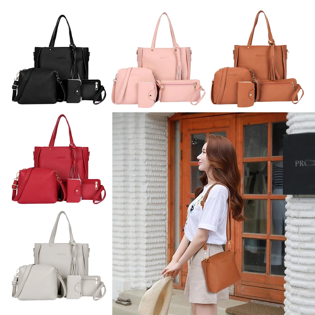 4pcs/Set PU Leather Handbag Fringe Shoulder Bags Purse Set Tote Bag Crossbody Bag Wallet Purse Messenger Satchel for Women