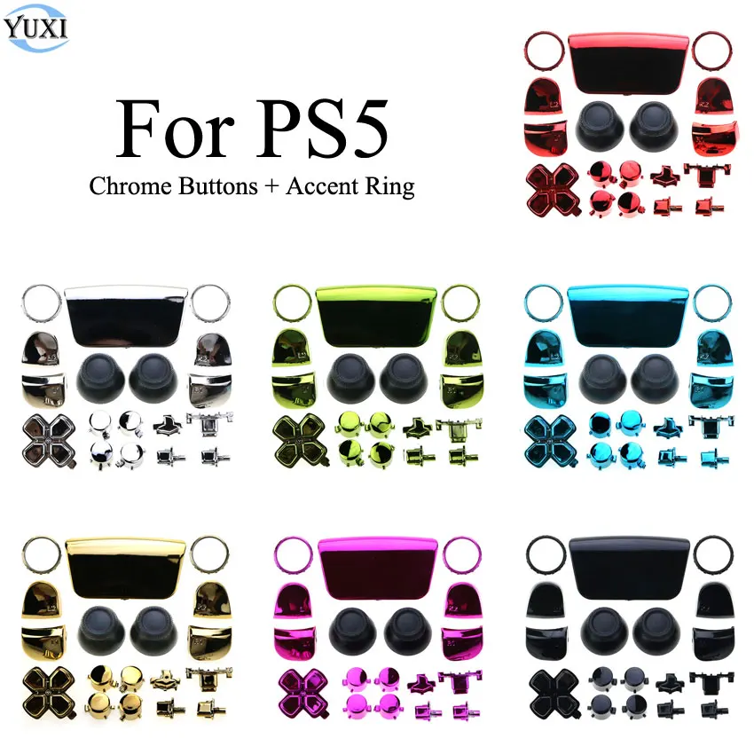 

YuXi Chrome Buttons Kit L1 R1 L2 R2 D-pad Button Thumbstick Cap Accent Rings For PS5 Controller