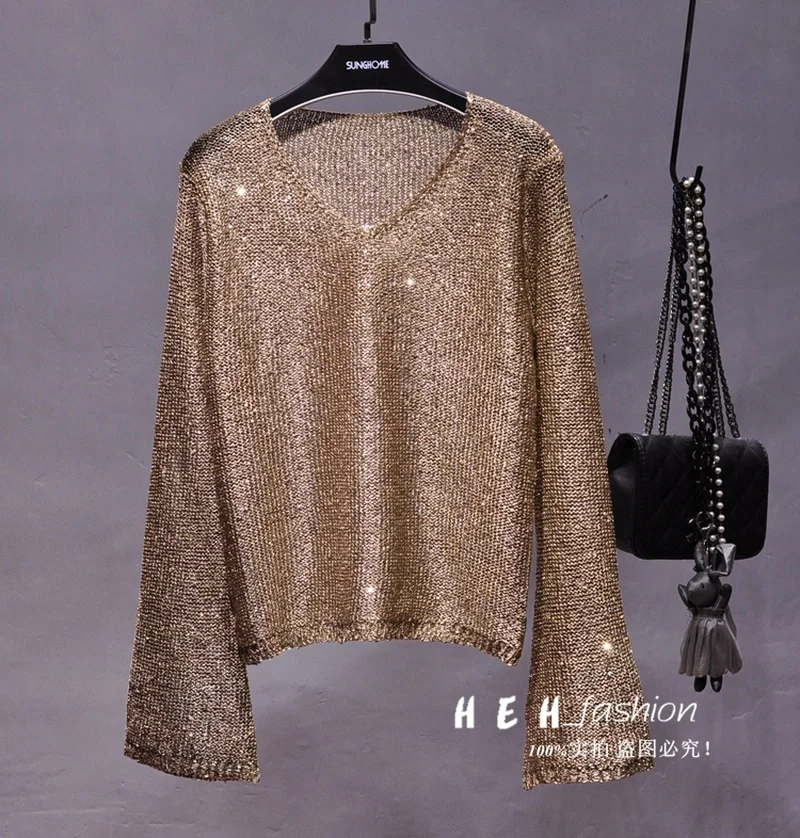 Women Clothes 2023 Korean Fashion Sequins V-neck Big Trumpet Sleeve Hollow Out Light Silk Knitting Sweater Sheet Metal Coat