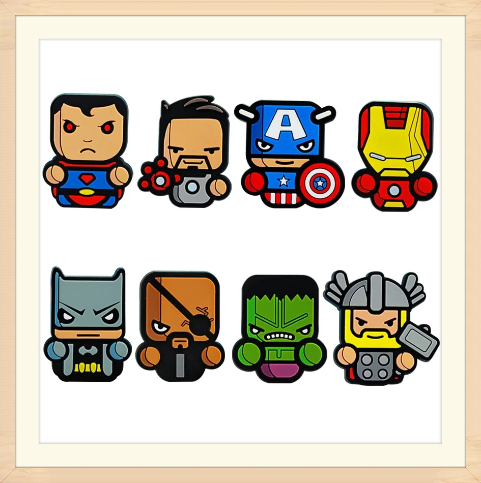 1pcs Movies Super Hero Shoe Cute Charms Decorations Pvc Accessories Cartoon 3D Badges for Batmans Marvels Kids Gift Toys Set