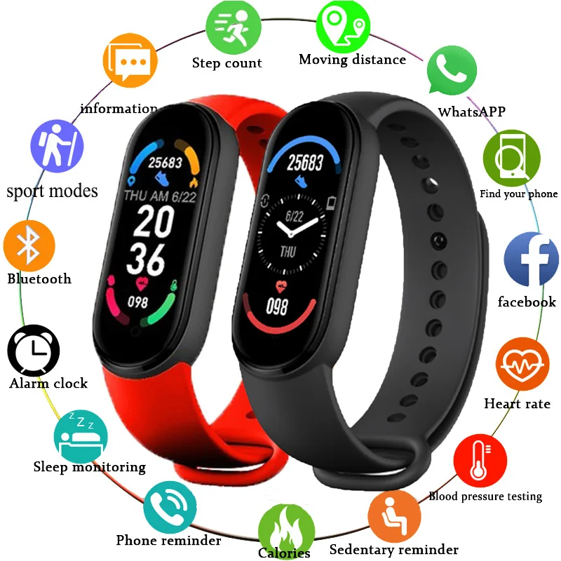 Pulsera inteligente M6 Unisex, reloj de pulsera deportivo resistente al agua con control del ritmo cardíaco y del sueño, pantalla táctil dinámica