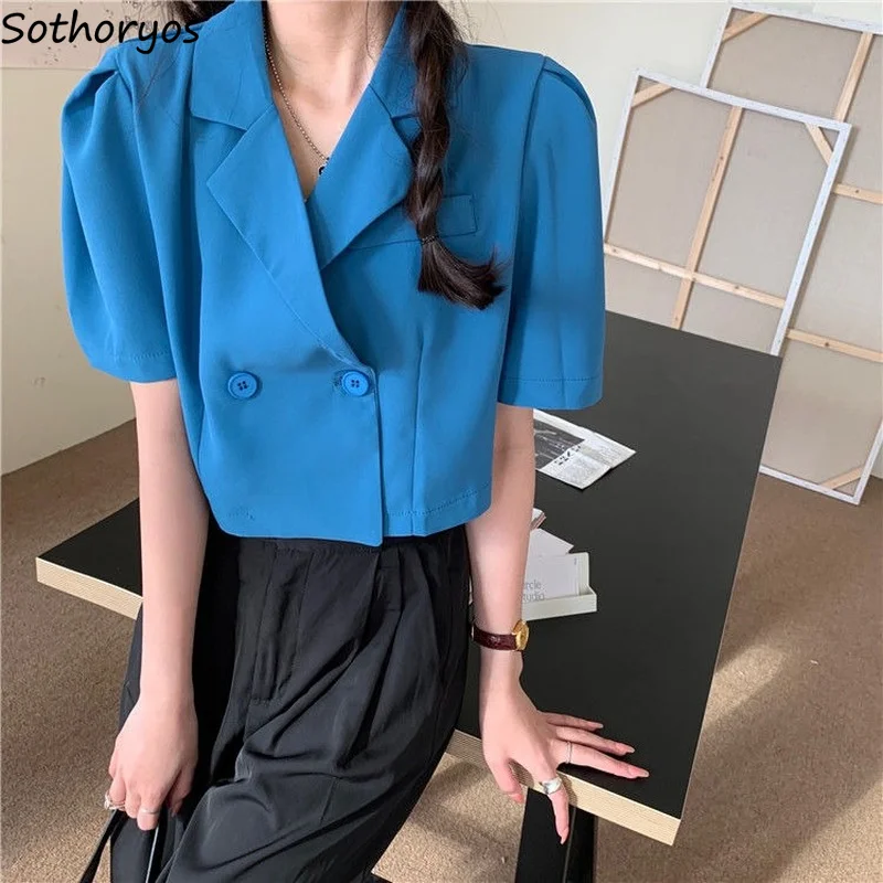 Blazers Women Daily All-match Thin Summer Double Breasted Solid Chic Office Lady Crop Blazer High Street Korean Fashion Elegant