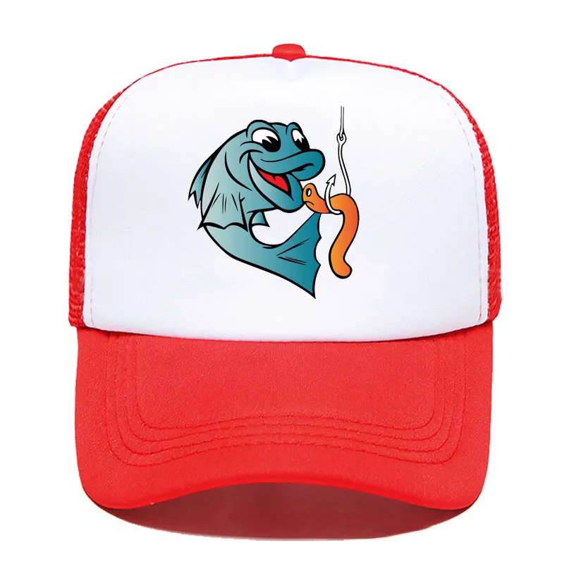 Fisherman Fish Fishing Worm Bite Hook Funny Baseball Cap Men Women Parent-child Hats Mesh Visor Outdoor Adjustable Sun Hat