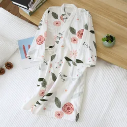 Japanischen kimono nacht kleid damen frühling und sommer bademantel frauen 100% baumwolle leine nachthemd elegante blumen hause service