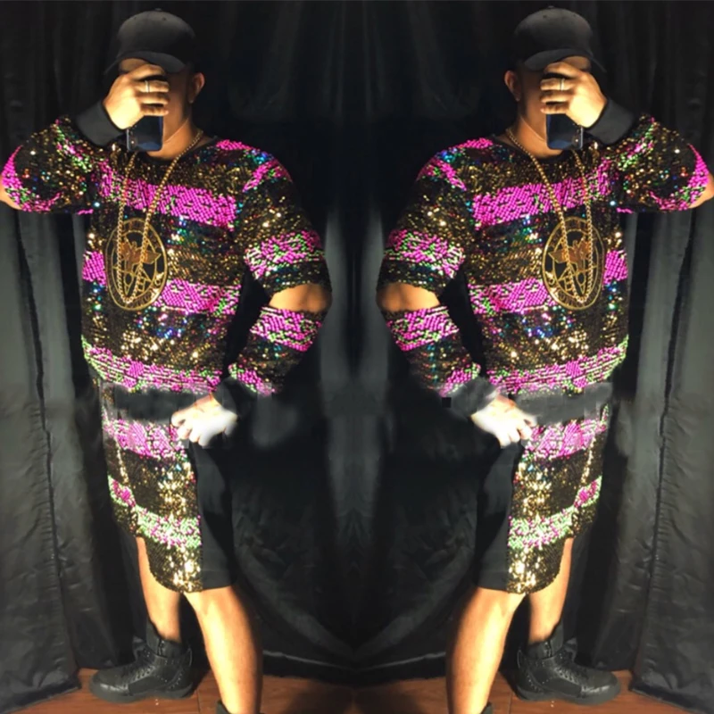 2 Pieces Shiny Sequins Hiphop Suit Colorful Jazz Top Shorts Men Nightclub Bar Dj Ds Tide Rock Stage Performance Clothes XS2312