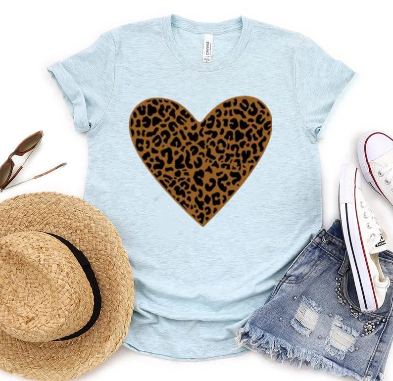 Valentines Day Leopard heart Valentines Day For Women Heart Cute Love Shirt 100% cotton Funny Graphic Casual O Neck Short Sleeve