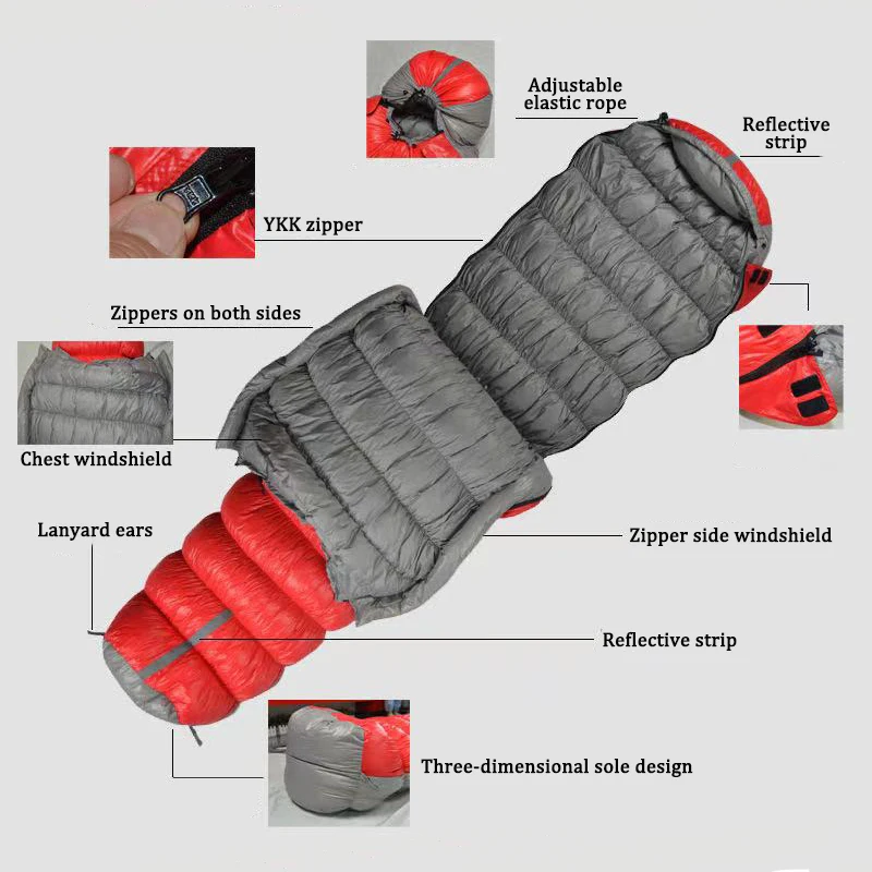 Super Warm Ultralarge 225*90CM 2500G/3000G White Goose Down Filling Ultralight Waterproof  Camping Winter Sleeping Bag