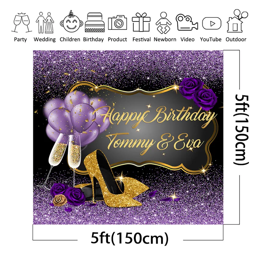 Women Birthday Party Banner Backdrop Purple Gold Glitter High Heel Balloon Background Custom Birthday Decoration Photocall