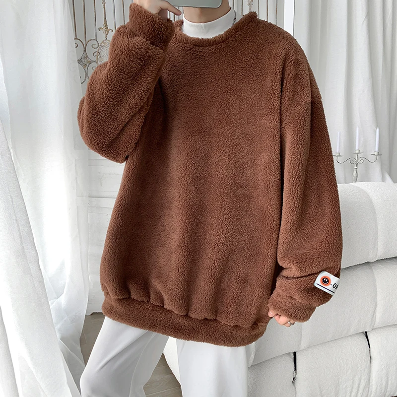 Autumn and winter new men's lamb velvet pullover pure color warm sweater fashion casual sweater