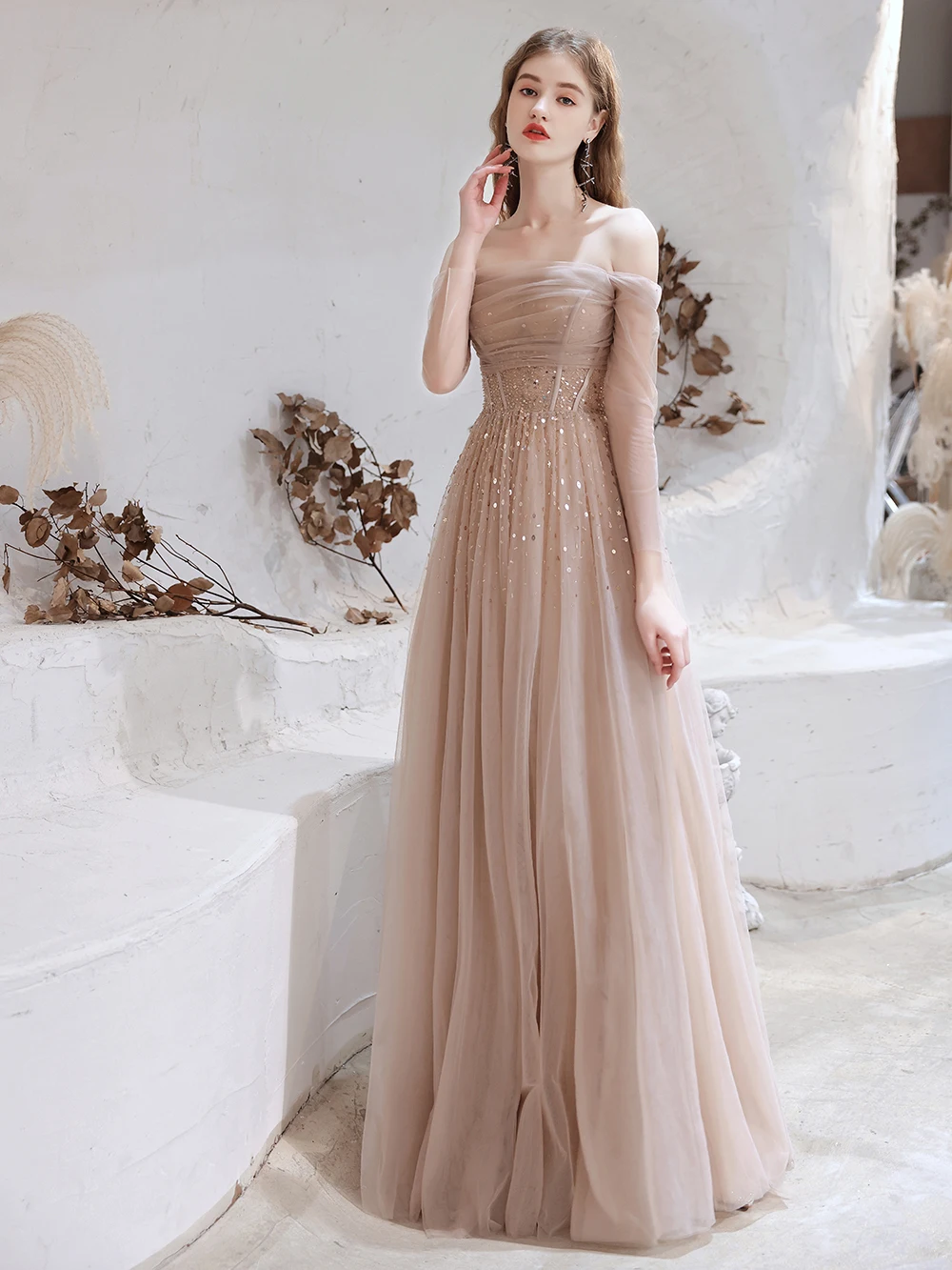 Robe de Soirée Trapèze à Col Bateau et Manches sulf, Tenue de Bal de Luxe, Paillettes et Perles, Couleur Rose Nude, 2020