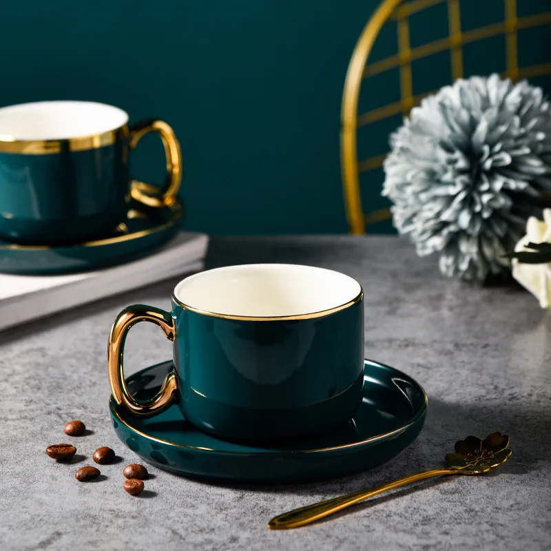 Ceramic Coffee Cup Teacup Saucer Set Gold Trim Green Porcelain Coffee Milk Cup 200ml