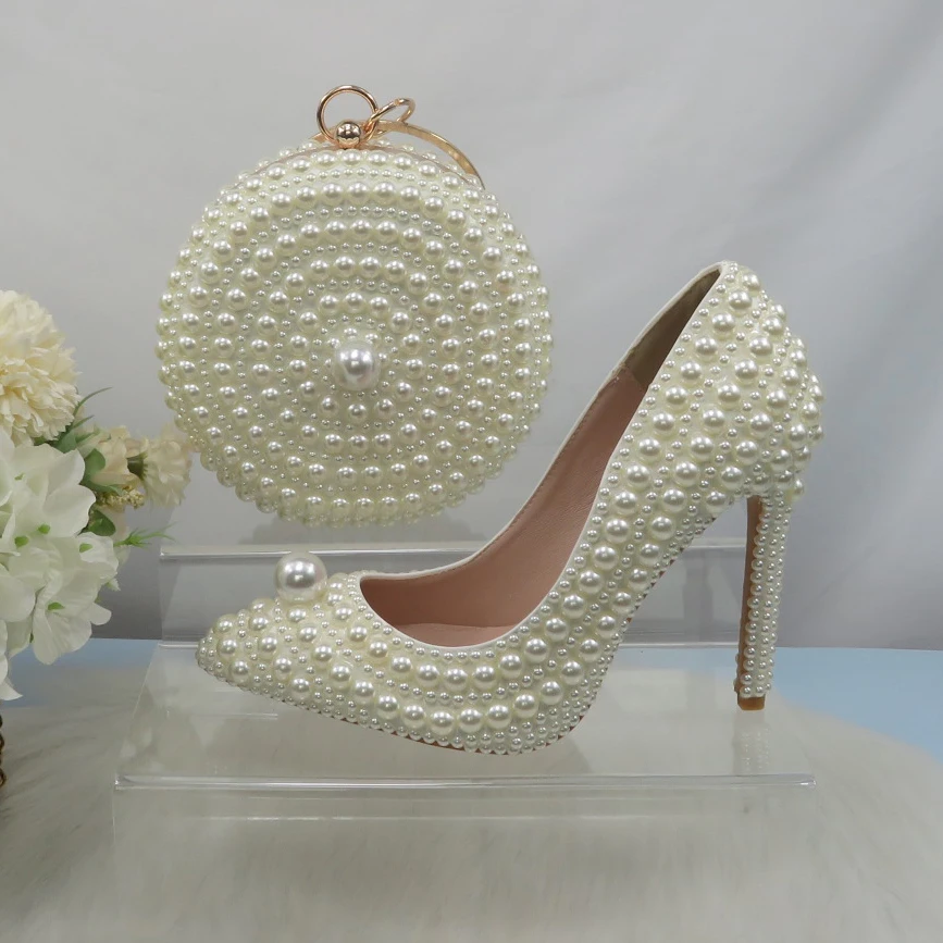 BaoYaFang White Beads Pearl women wedding shoes Bride High heels shoes ladies super big size party dress shoes woman Pointed Toe