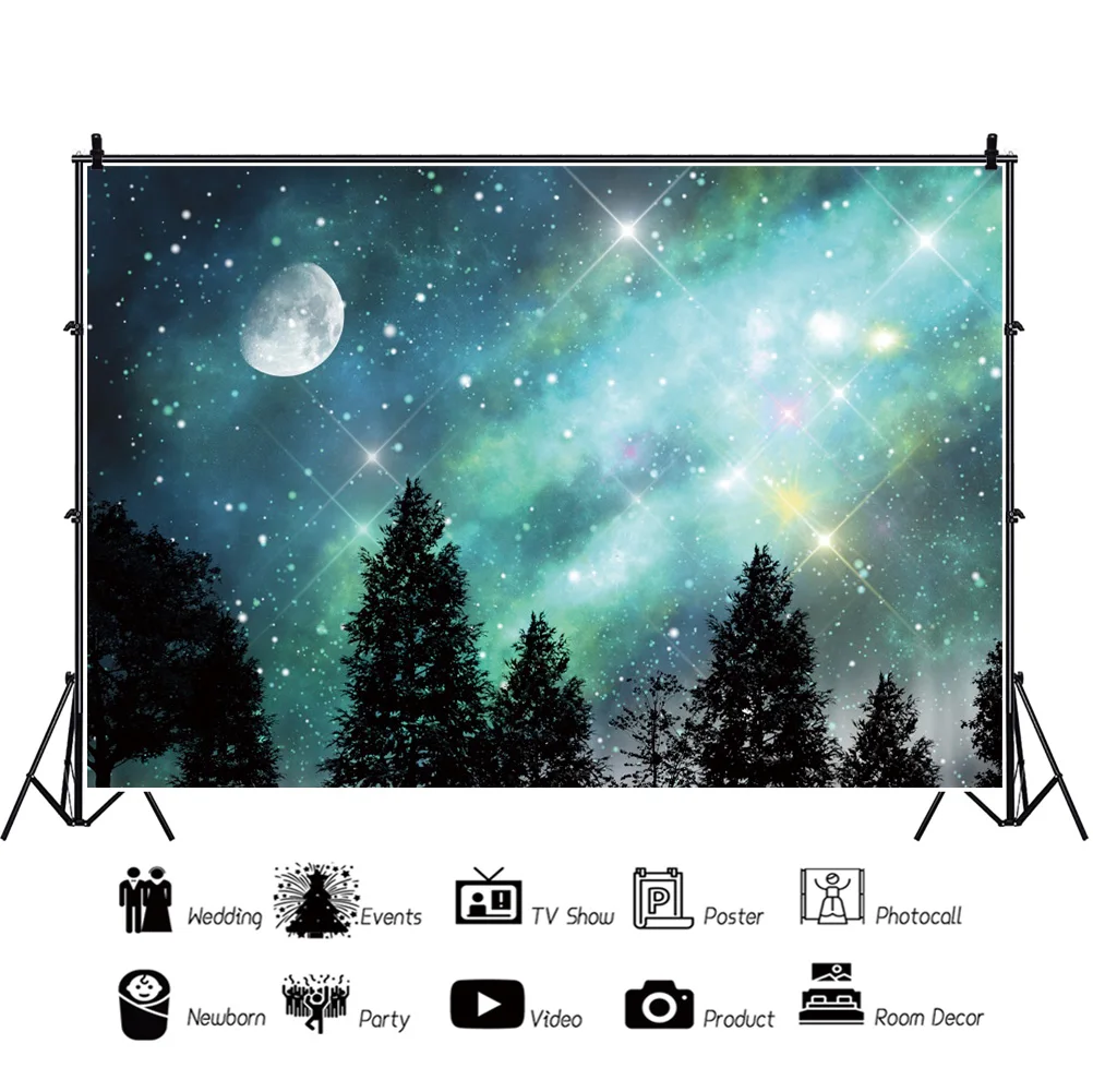 Laeacco Dreamy Starry Dark Night Scenic Forest Nature View Shiny Moon Banner Photo Background sfondo per fotografia Photocall